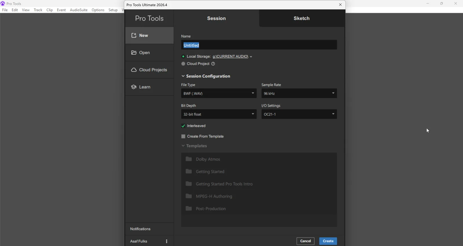 Screenshot of the Pro Tools New Session dialog showing fields for file type set to Broadcast WAV, sample rate 96 kHz, and bit depth 32-bit float.