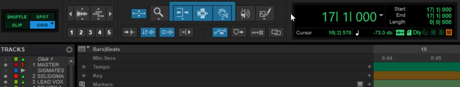 Screenshot of the Pro Tools Edit Window toolbar showing the seven edit tool icons with the Smart Tool bracket highlighted and active.