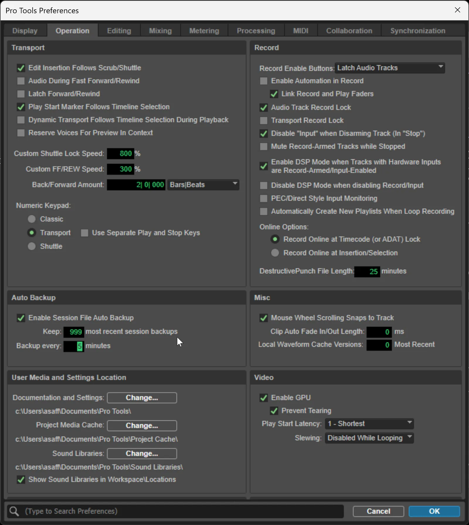 Screenshot of the Pro Tools Preferences Operation tab showing Session File Backups enabled with 999 maximum files and a 5-minute backup interval.