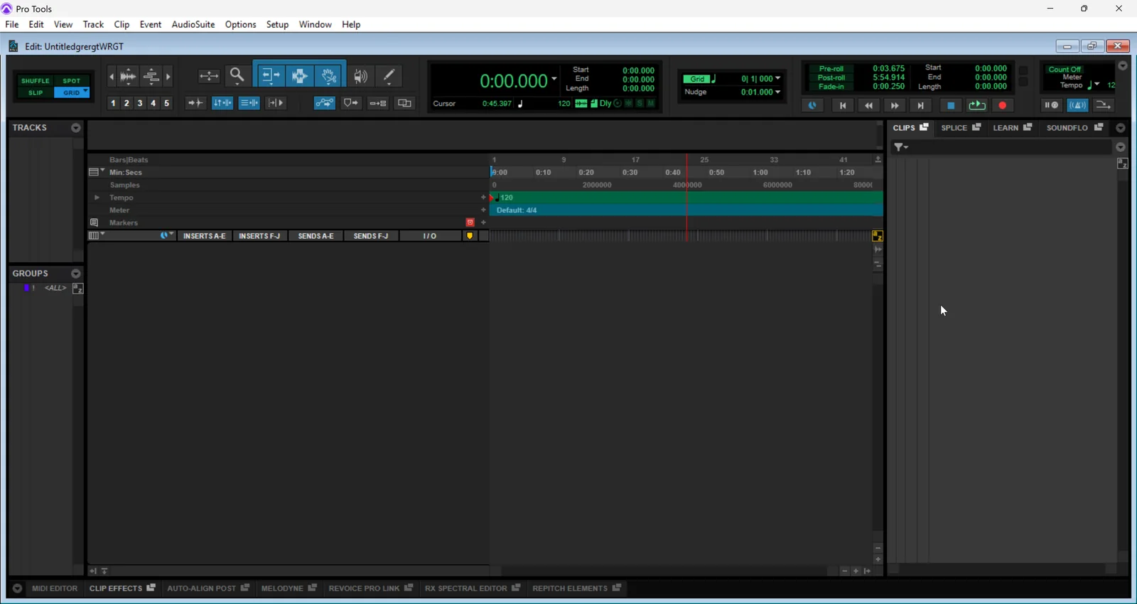 Screenshot of a blank Pro Tools Edit Window with an empty track area and ruler stack at the top showing Bars and Beats, Min:Secs, Samples, Tempo, Meter, and Markers rulers.