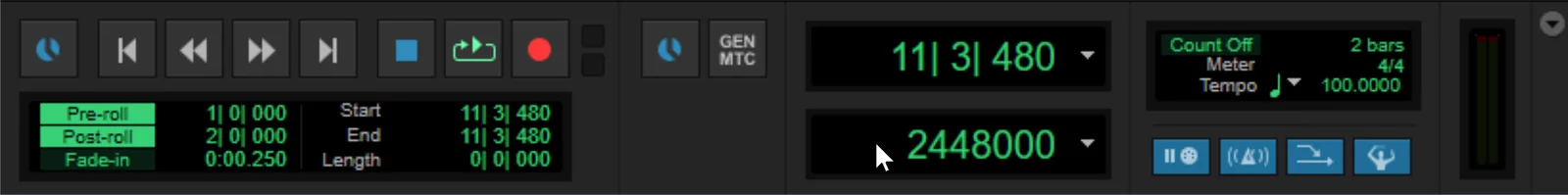 Screenshot of the Pro Tools Transport window showing pre-roll and post-roll fields, the main counter, and playback and record control buttons.