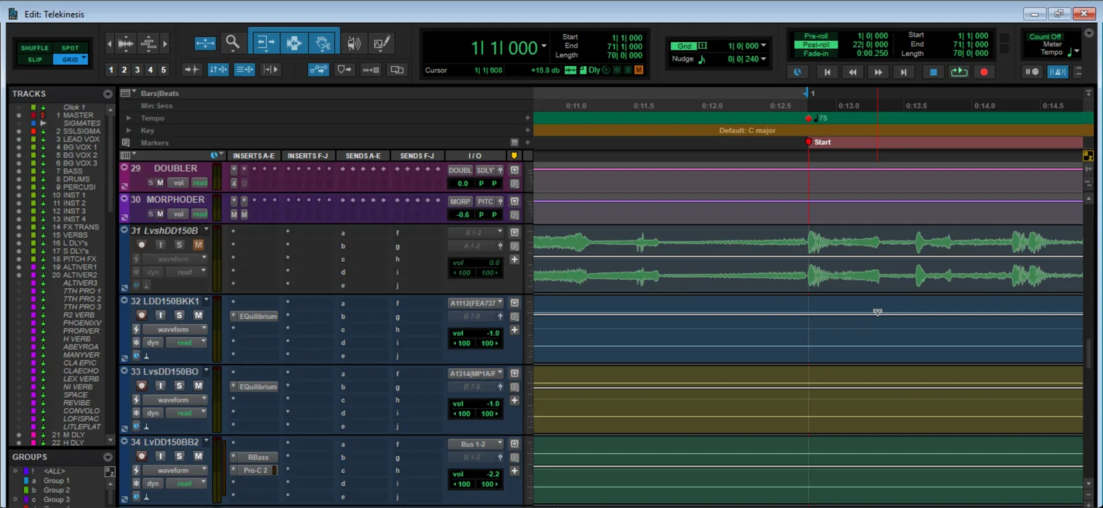 Screenshot of the Pro Tools Edit window showing multiple tracks with clips, the Bars and Beats ruler, tempo marker, and grid lines aligned to the beat.