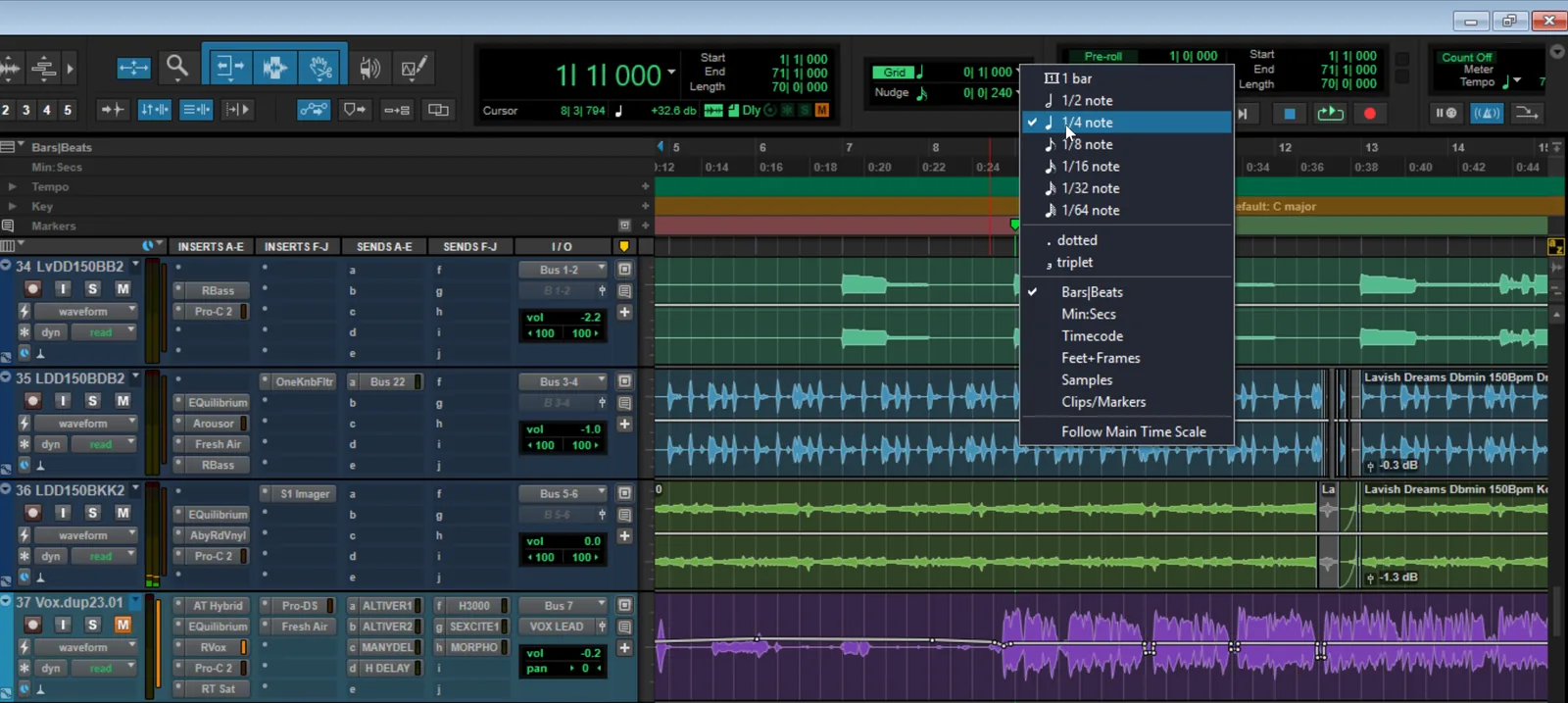 Screenshot of the Pro Tools Edit window toolbar showing the Grid dropdown set to Bars and Beats with a quarter-note resolution selected.
