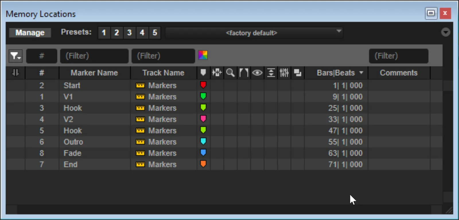 Screenshot of the Pro Tools Memory Locations window listing named song section markers such as Intro, Verse, and Chorus with their bar positions.