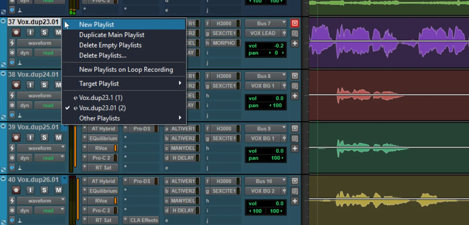 Screenshot of the Pro Tools playlist selector dropdown on a track showing existing take playlists and a New Playlist option.