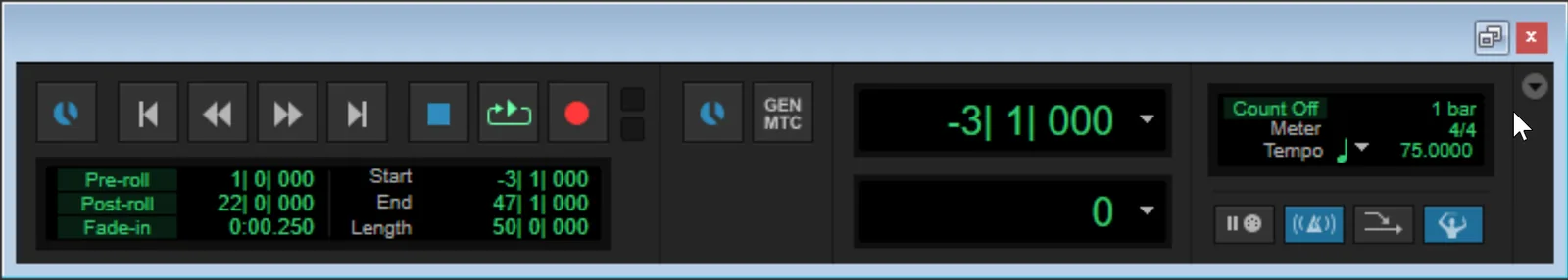 Screenshot of the Pro Tools Transport window in Manual Tempo Mode with the conductor icon deselected and a BPM value displayed in the tempo field.