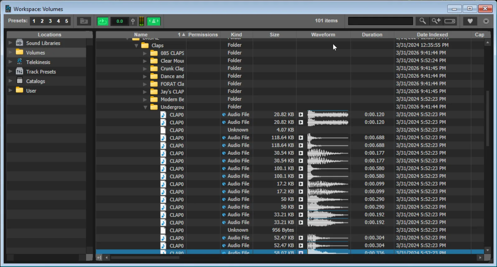 Screenshot of the Pro Tools Workspace browser showing a file list with columns for name, kind, duration, tempo, and drive designation letters R, P, and T.