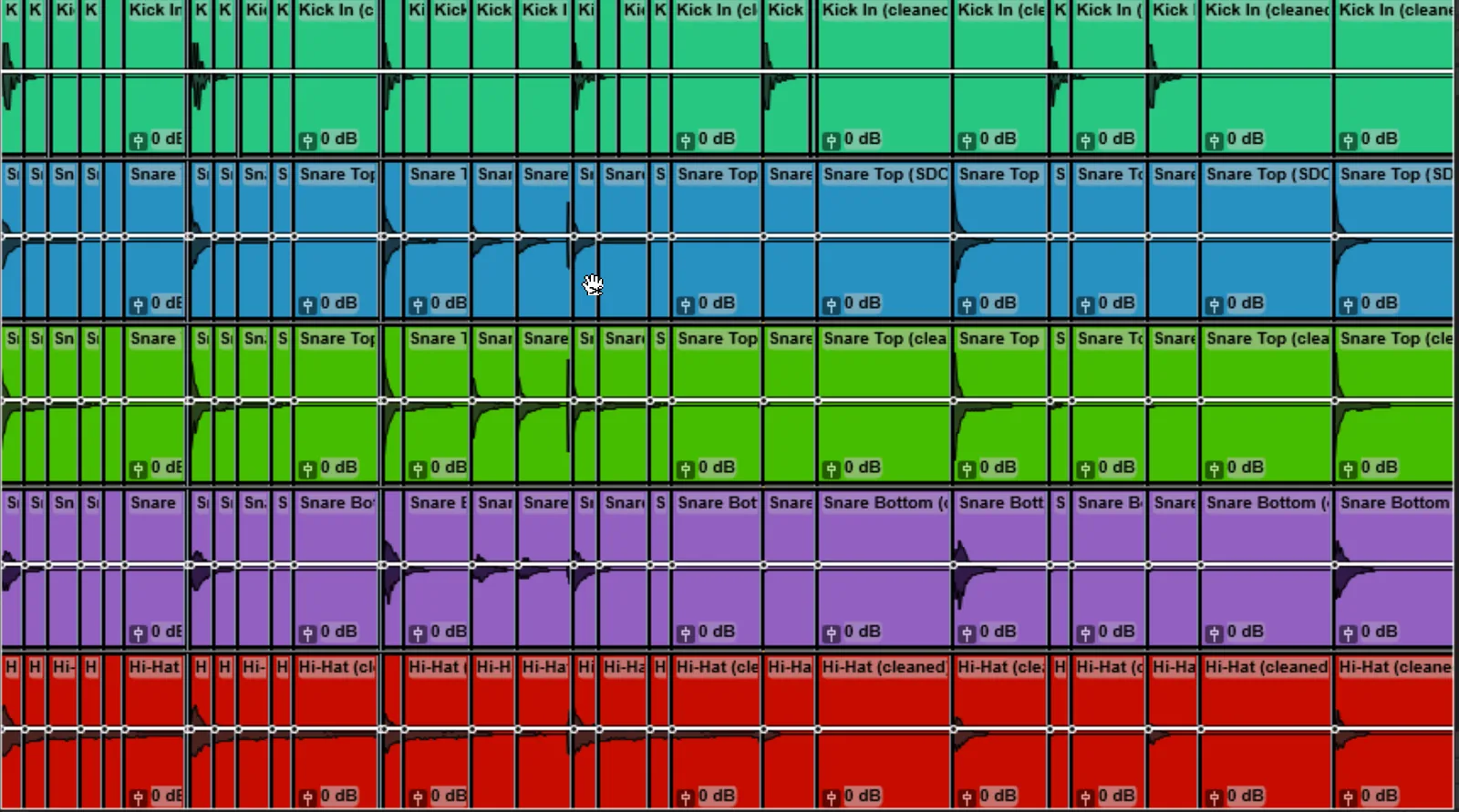 Screenshot of the Pro Tools Edit Window showing a drum loop waveform separated into individual clips at each transient marker.