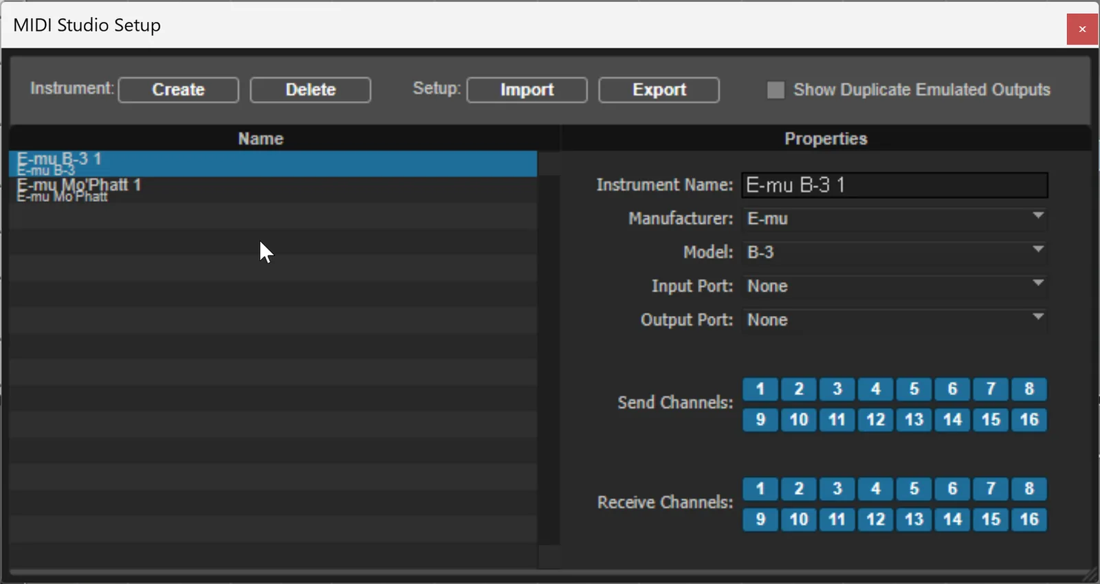 Screenshot of the Pro Tools MIDI Studio Setup dialog showing external MIDI device configuration fields for manufacturer, model, and port assignment.