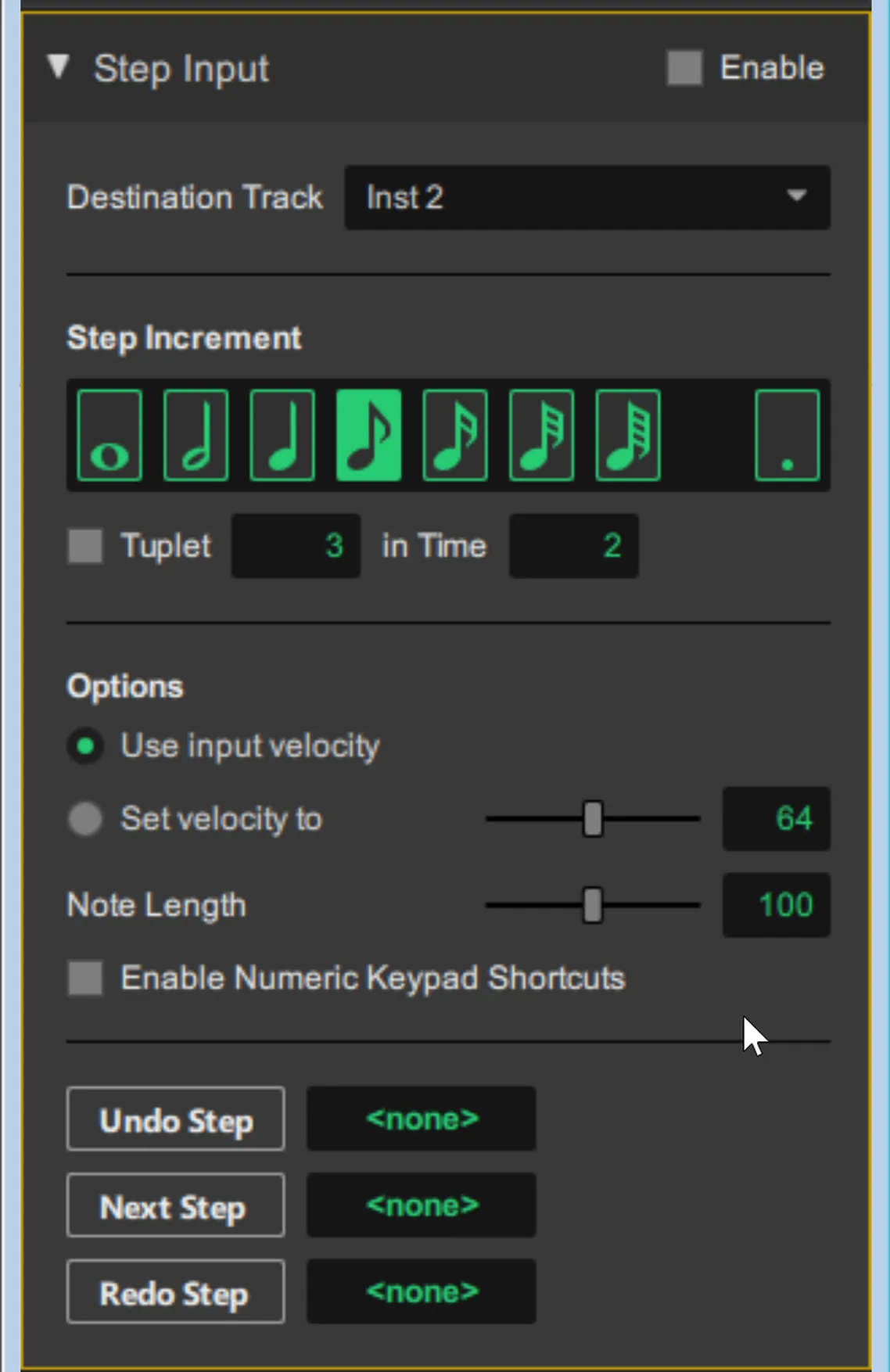 Screenshot of the Pro Tools Step Input dialog with Enable button and step-increment options.