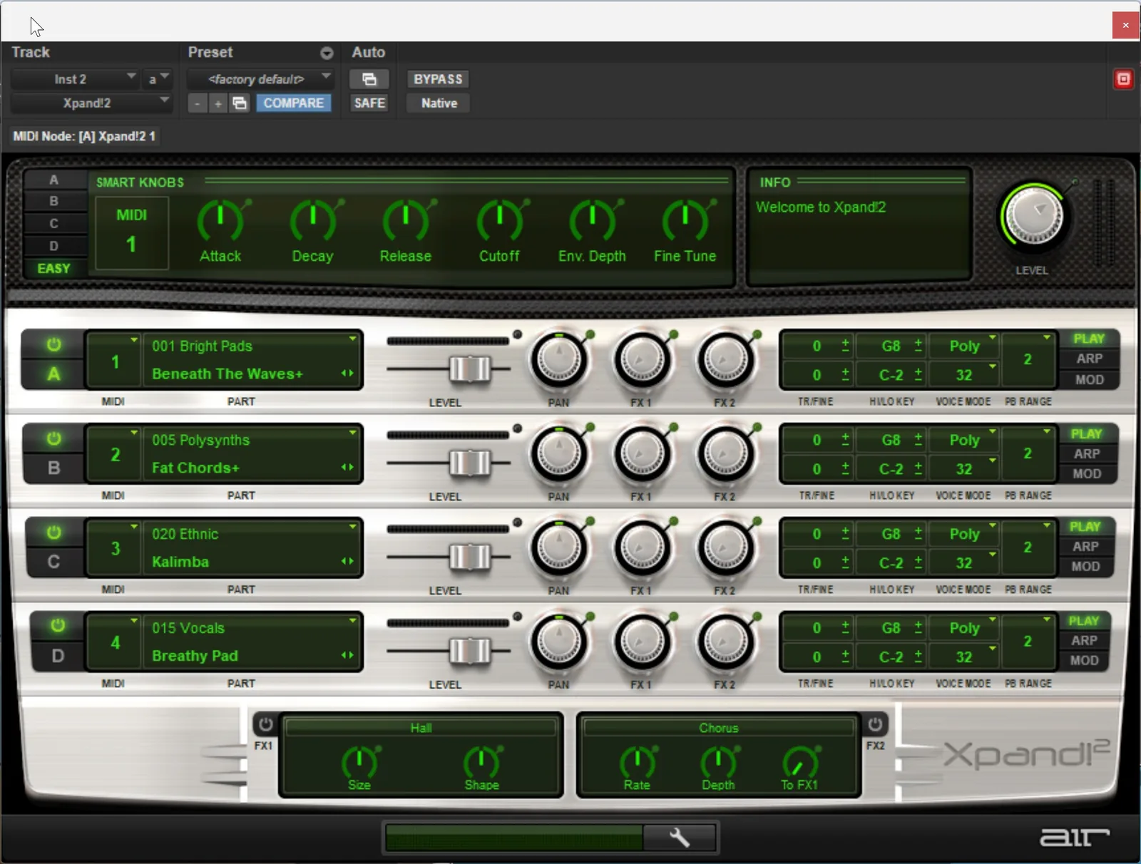 Screenshot of the Xpand!2 plugin interface showing four instrument channels labeled A, B, C, and D, each loaded with a different sound.