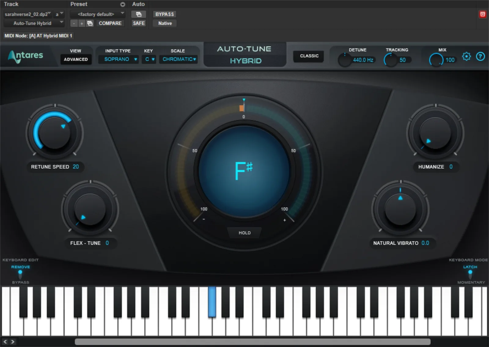 Screenshot of the Auto-Tune Hybrid plugin interface showing the central pitch display, Retune Speed and Humanize knobs, Flex-Tune and Natural Vibrato controls, key and scale selectors, and a piano keyboard.
