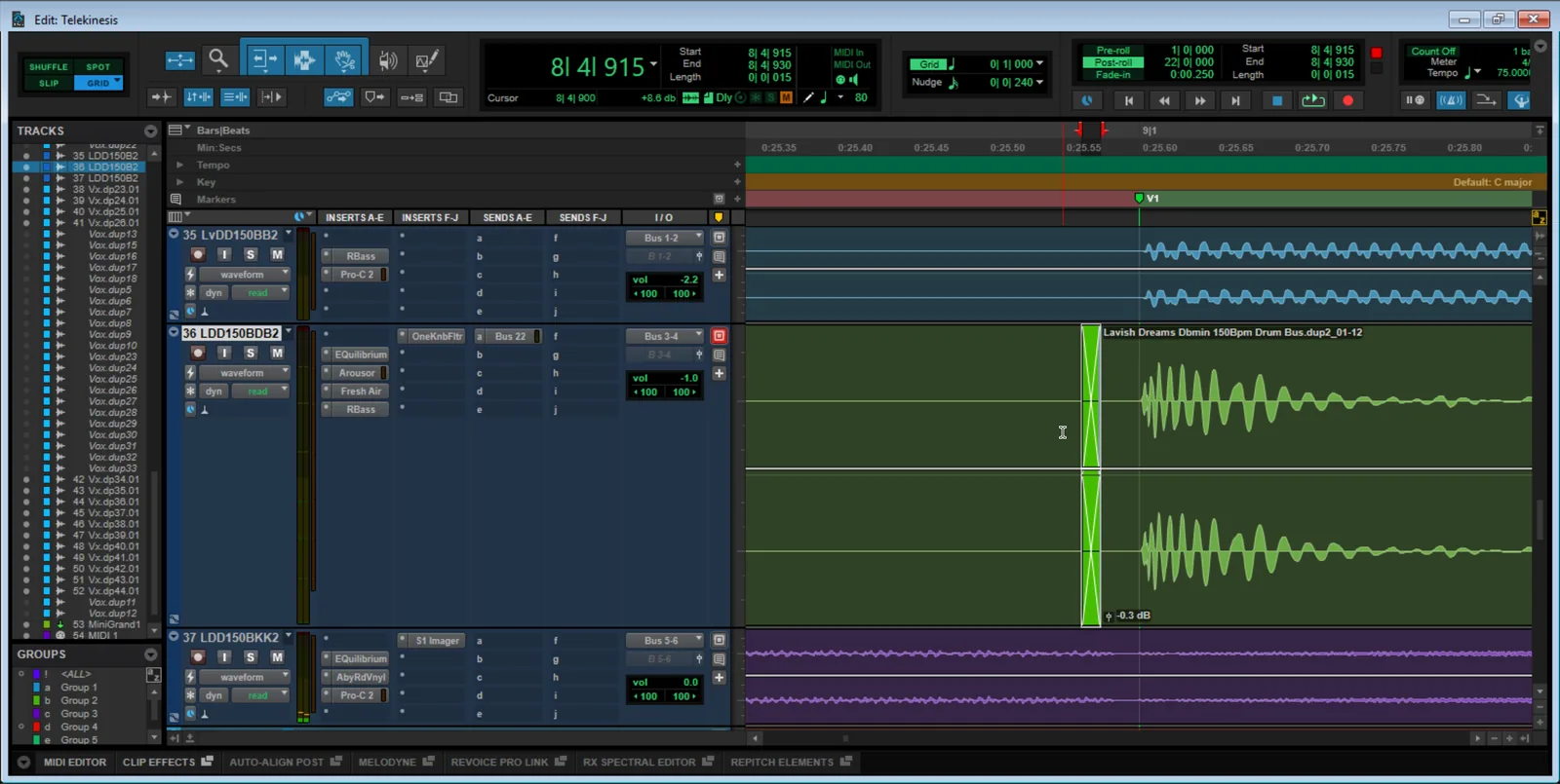 Screenshot of a Pro Tools kick drum track after Beat Detective Clip Conform, with the separated clip regions now aligned to the grid beat lines.