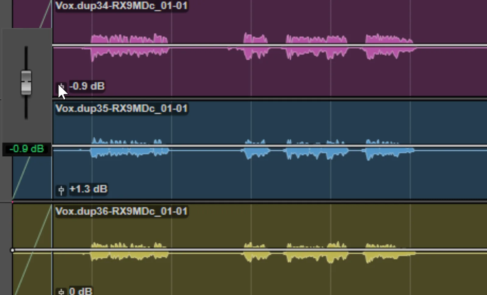 Screenshot of a Pro Tools audio clip with the Clip Gain handle visible in the lower-left corner, showing the waveform scaling as gain is adjusted.