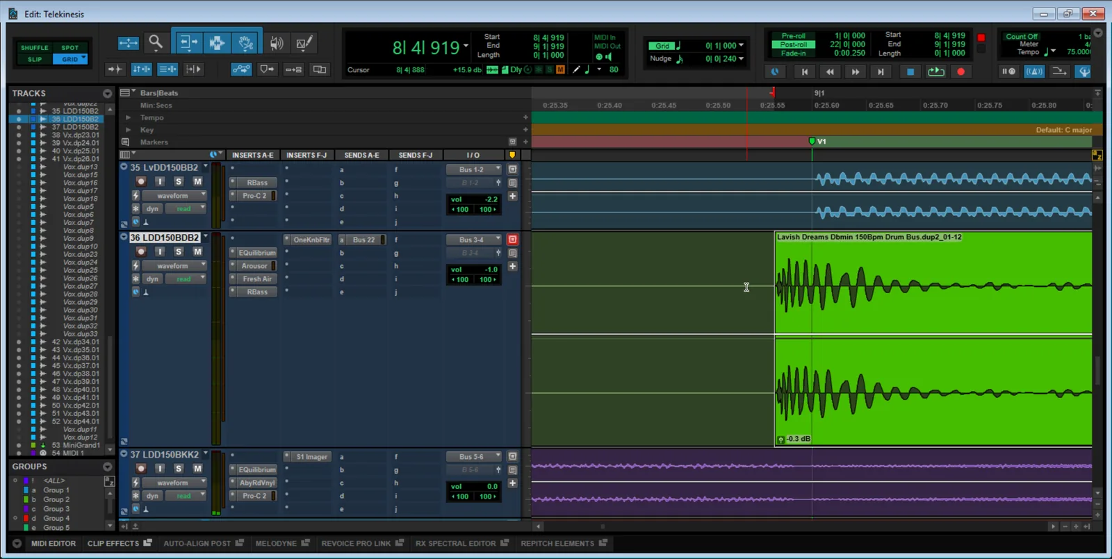 Screenshot of a Pro Tools kick drum track in Grid view showing individual hit clips landing slightly before and after the grid beat lines.
