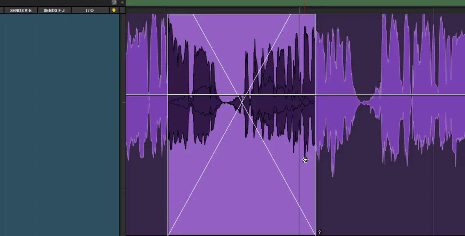 Screenshot of the Pro Tools Edit window showing two adjacent audio regions with overlapping crossfades, where the outgoing clip fades out while the incoming clip fades in.