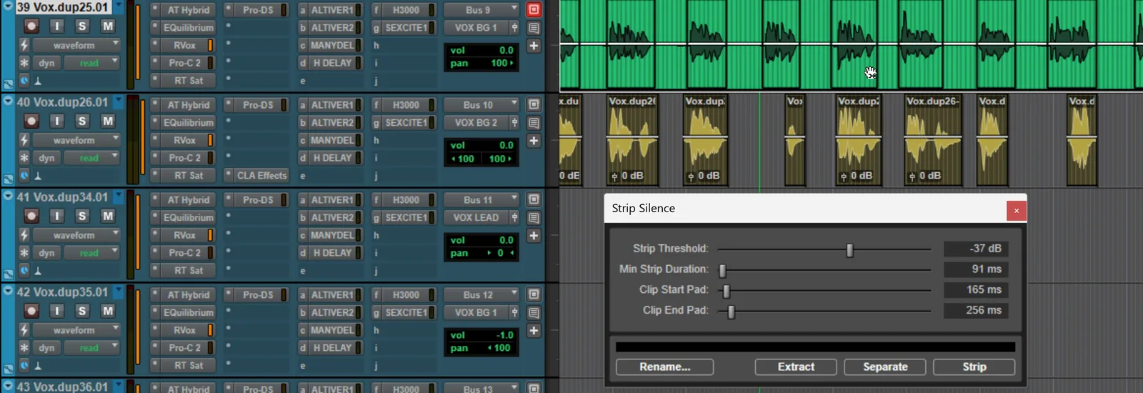 Screenshot of a Pro Tools track after running Strip Silence, showing the audio region divided into separate clips with silent gaps removed between the parts.