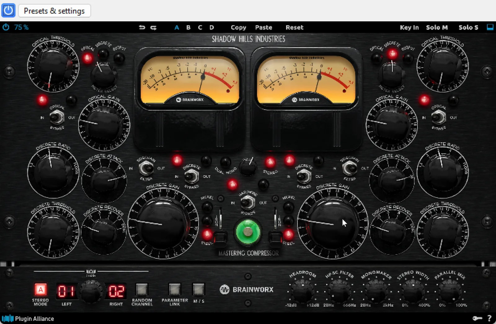 Screenshot of the Shadow Hills Mastering Compressor plugin showing two compression stages, optical and discrete, each with threshold, ratio, attack, release knobs, and gain-reduction meters.