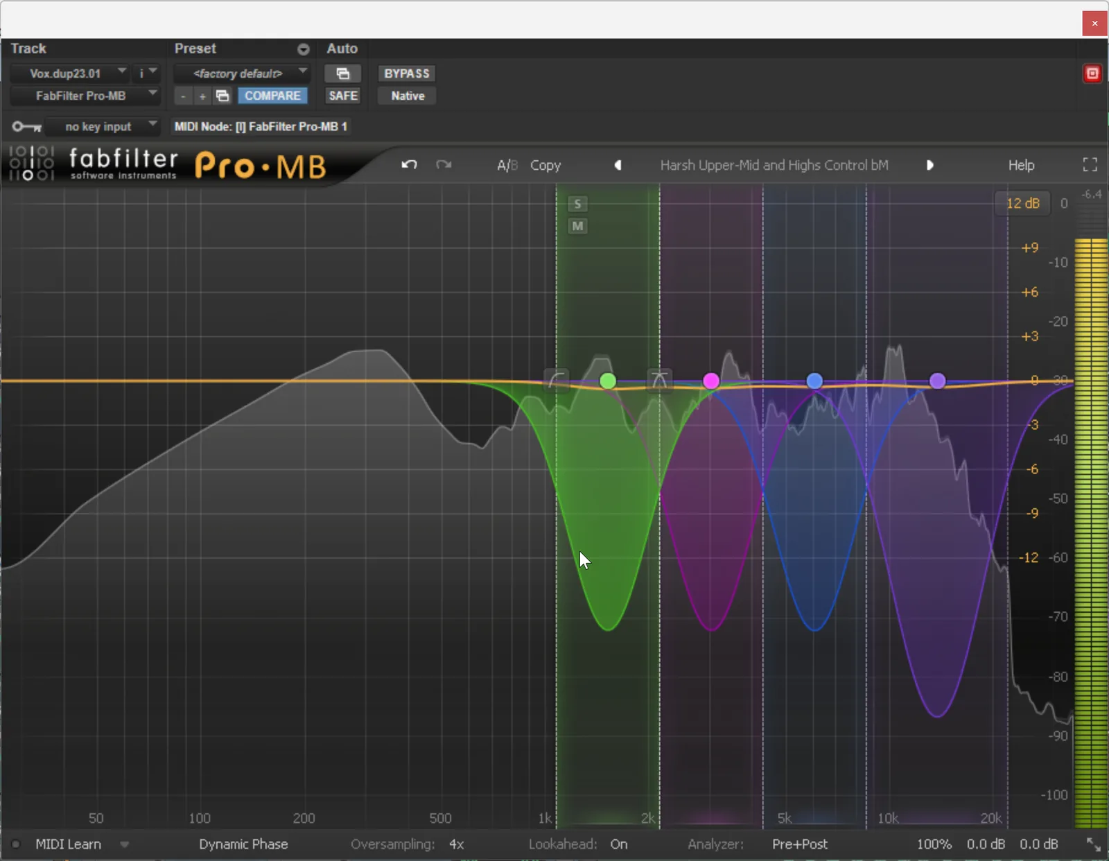 Screenshot of the FabFilter Pro-MB multiband compressor plugin showing the frequency spectrum divided into independently adjustable bands with per-band gain-reduction display.