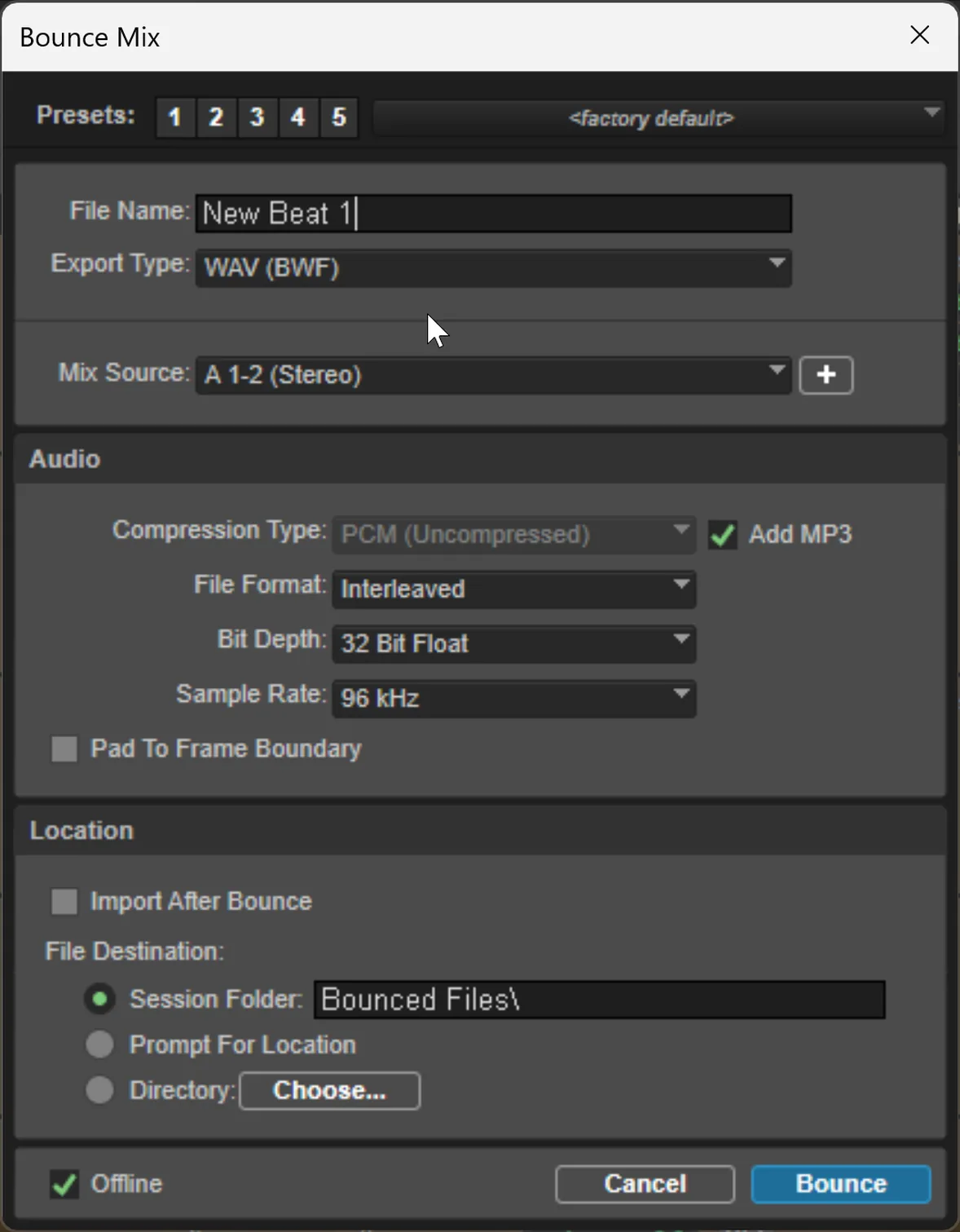 Screenshot of the Pro Tools Bounce dialog showing output format set to 32-bit 96 kHz WAV with file destination and offline bounce options visible.