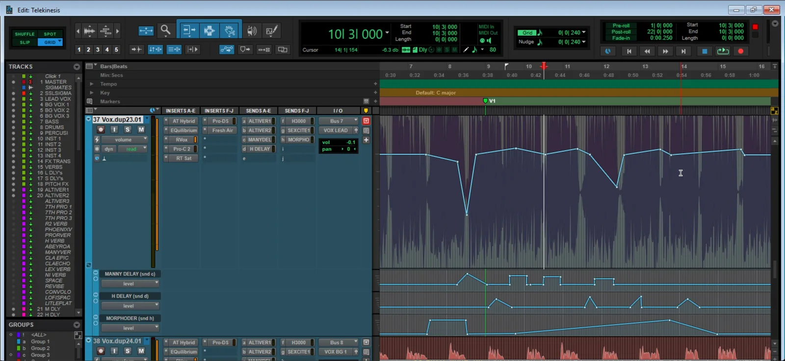 Screenshot of a Pro Tools Edit window track displaying a volume automation lane with a drawn fader-ride curve rising and falling across the audio region.
