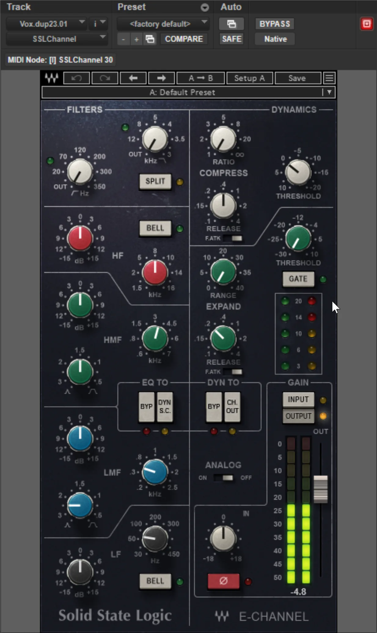 Screenshot of the Waves SSL E-Channel plugin showing high- and low-pass filters, a gate and expander section, a compressor, and a four-band parametric EQ in a single channel-strip interface.