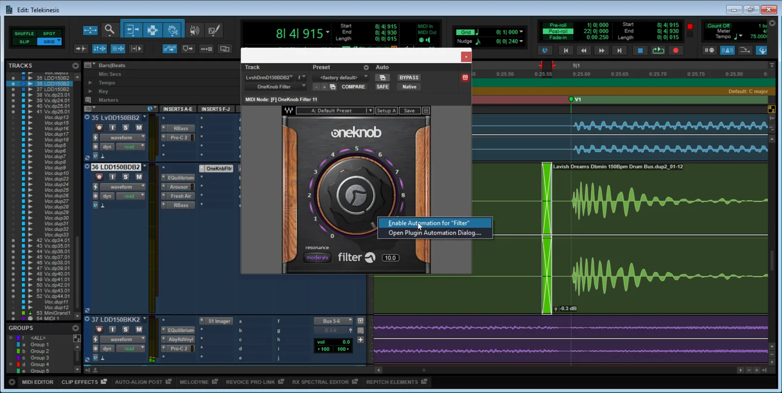 Screenshot of a Pro Tools EQ plugin showing an automated parameter lane in the Edit window with a drawn filter-sweep automation curve.