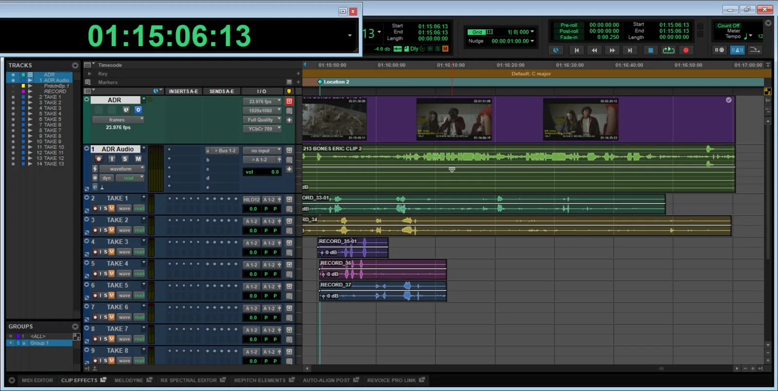 Screenshot of the Pro Tools Edit window showing a video track with a horizontal filmstrip of thumbnail frames spanning the timeline ruler.